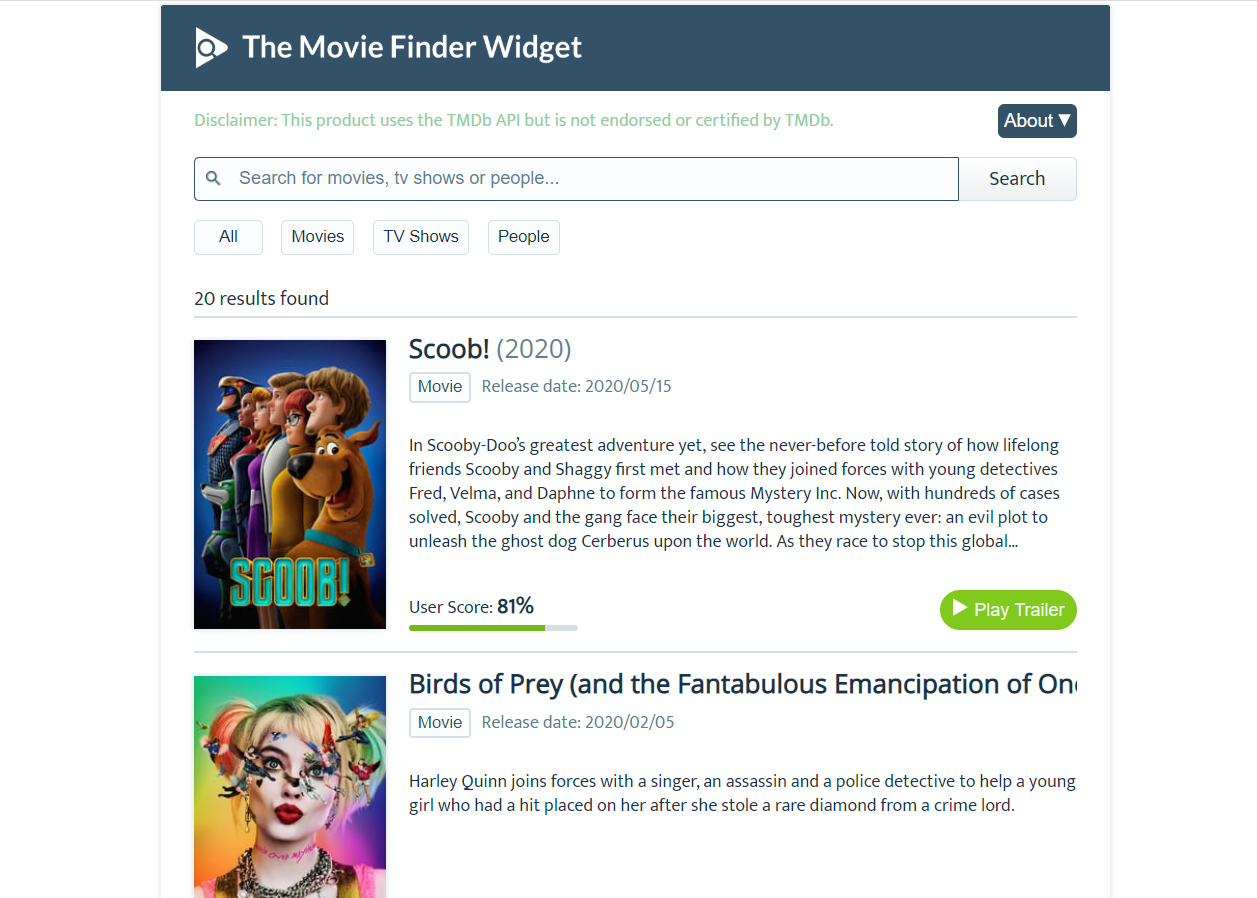 web app with search bar and movie info cards