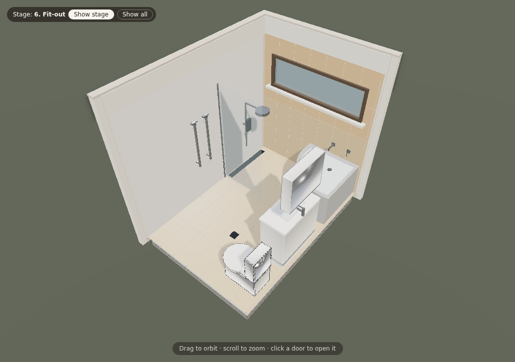 Reno Layouts 3D view of a bathroom renovation at the fit-out stage, with tiled walls, shower screen, bath, vanity and toilet