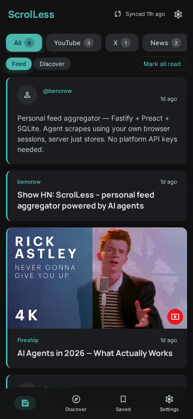 ScrolLess app showing a populated feed from several sources