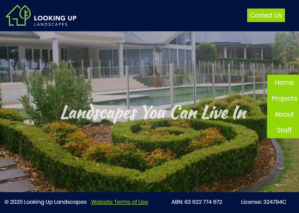 Landscaping scene with Looking Up Landscapes logo